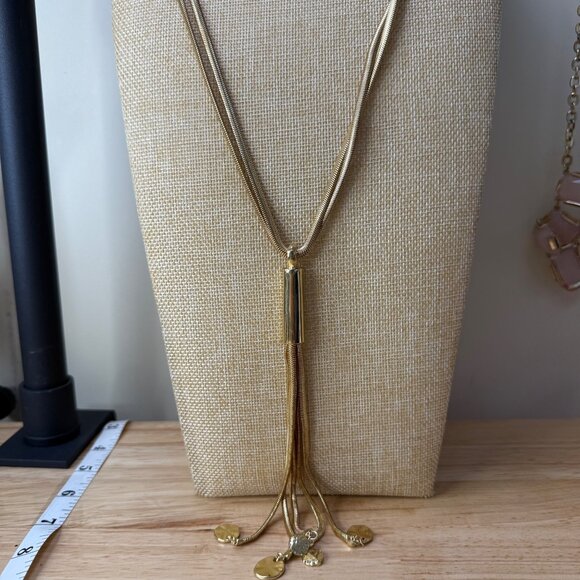 Long Gold-Tone Tassel Necklace With Cylinder Pendant & Dangling Charms By Chicos - Picture 5 of 11